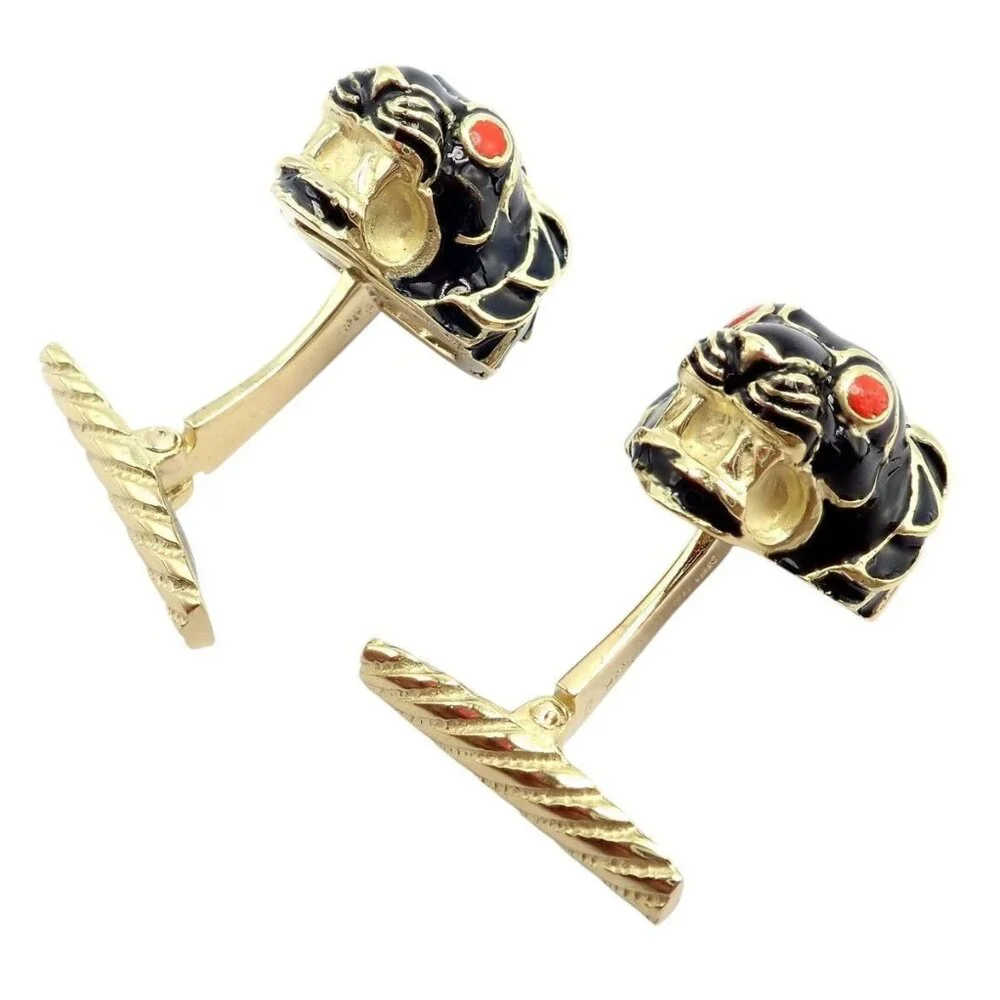 Vintage! David Webb 18k Yellow Gold Black Enamel Lion Cufflinks